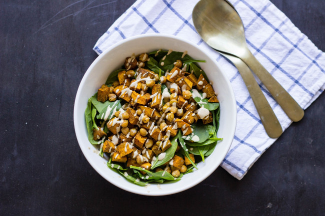 Roasted Pumpkin And Chickpea Salad With Tahini Dressing
