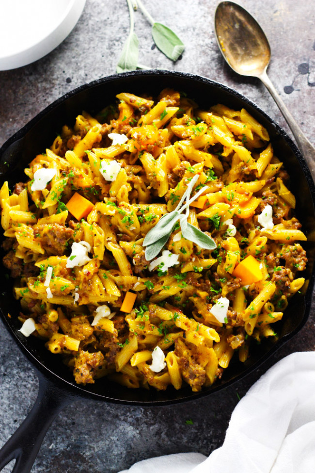 Sausage & Butternut Squash Penne Pasta With Goat Cheese