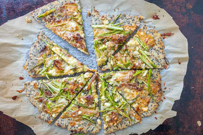 Gluten-free Sesame Pizza With Shaved Asparagus & Caramelized Onions