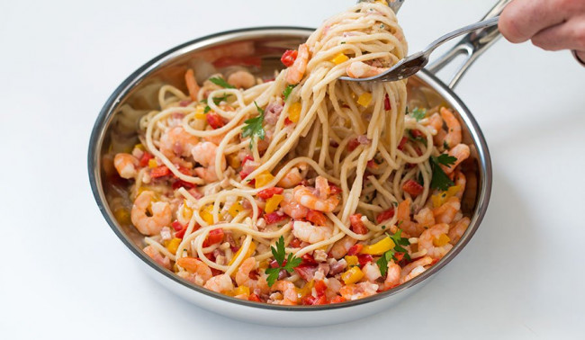 Spaghetti Alfredo with Pancetta and Shrimp