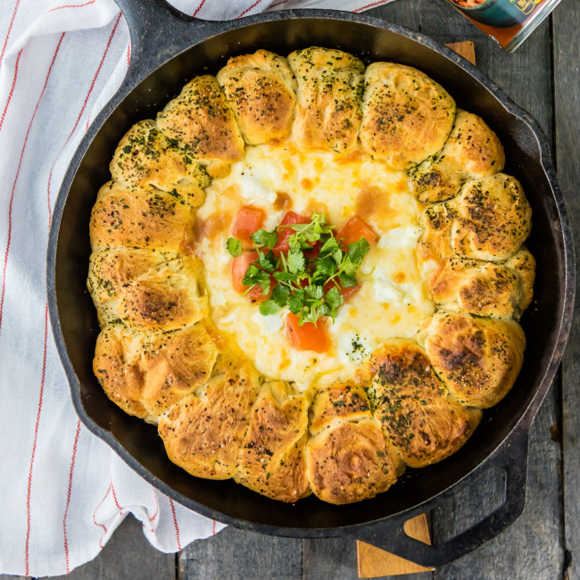 skillet bean and cheese dip with pull apart bread