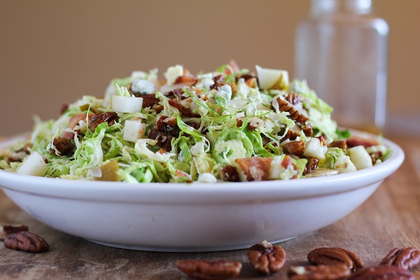 Brussels Sprout Chopped Salad with Warm Bacon Vinaigrette