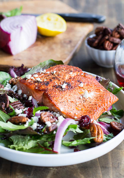 Seared Salmon over Mixed Greens
