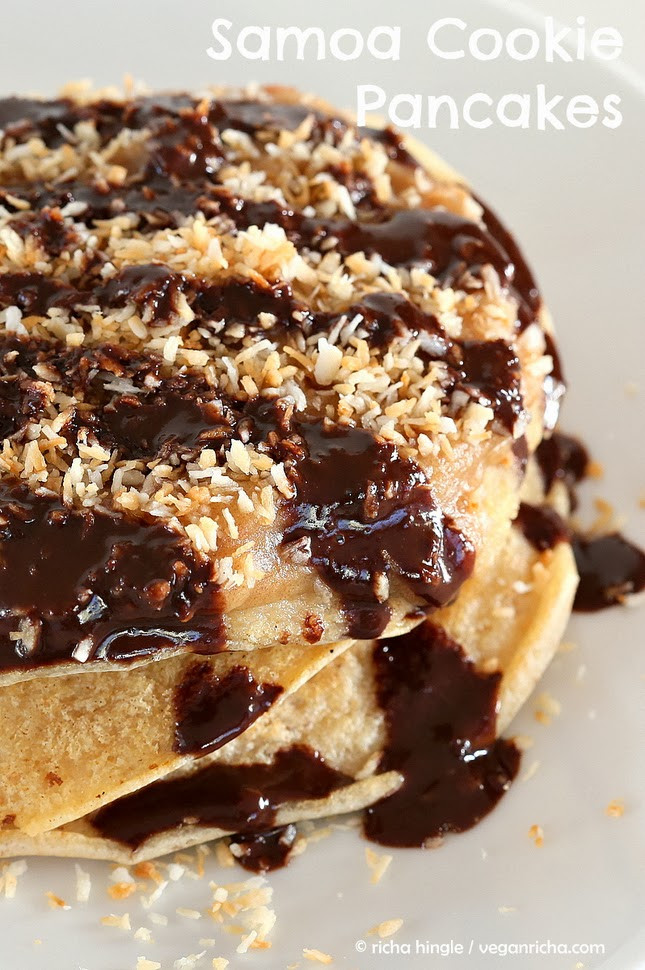 Samoa Cookie Pancakes with Salted Date Caramel, Toasted Coconut, Chocolate drizzle. 
