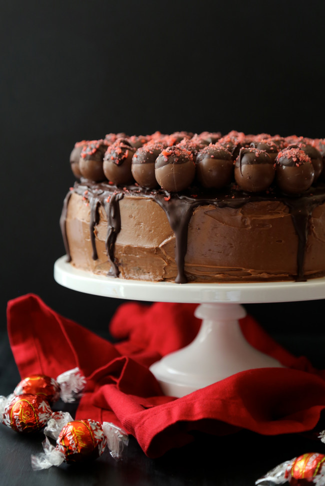 dark chocolate cake with cherry pop rocks covered truffles 