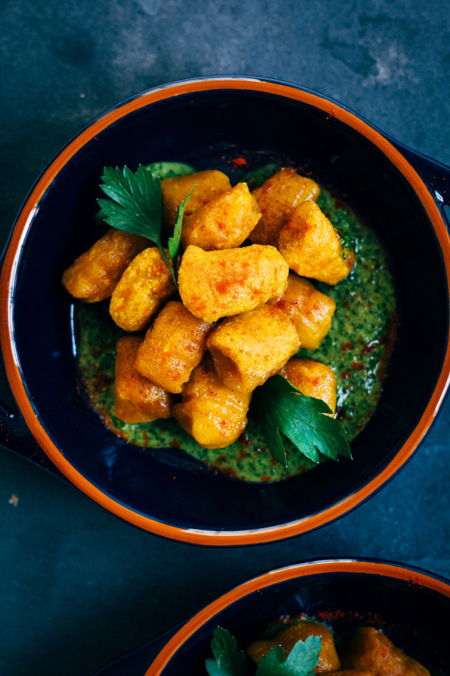 Harissa-Spiced Pumpkin Gnocchi w/ Parsley and Mint Pesto | Well and Full